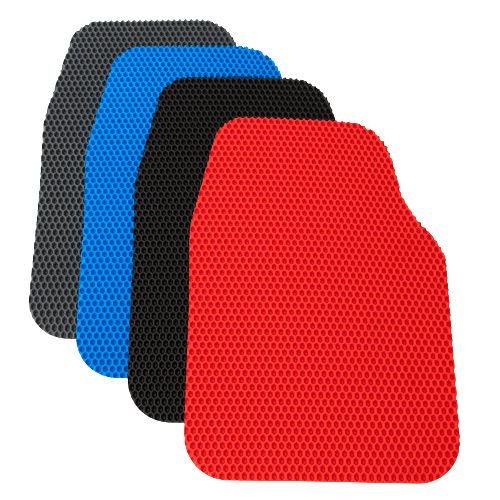 Vier verschiedene Gummimatten in Rot, Blau, Schwarz und Grau mit rutschfester Oberfläche