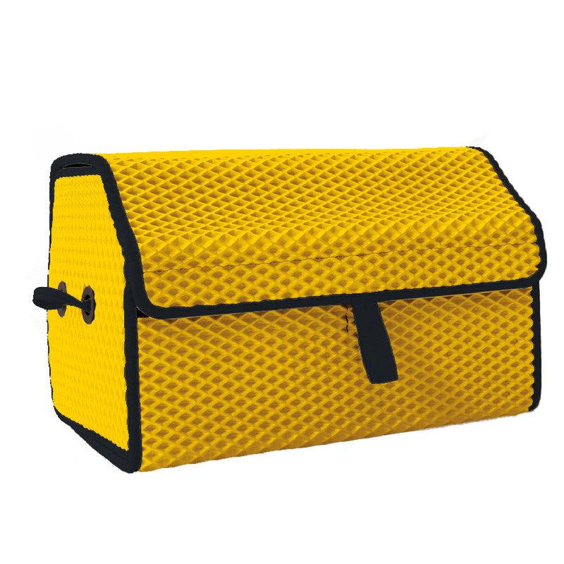 Gelbe EVA-Autotasche mit strukturiertem, rutschfestem Material und klappbarem Deckel.