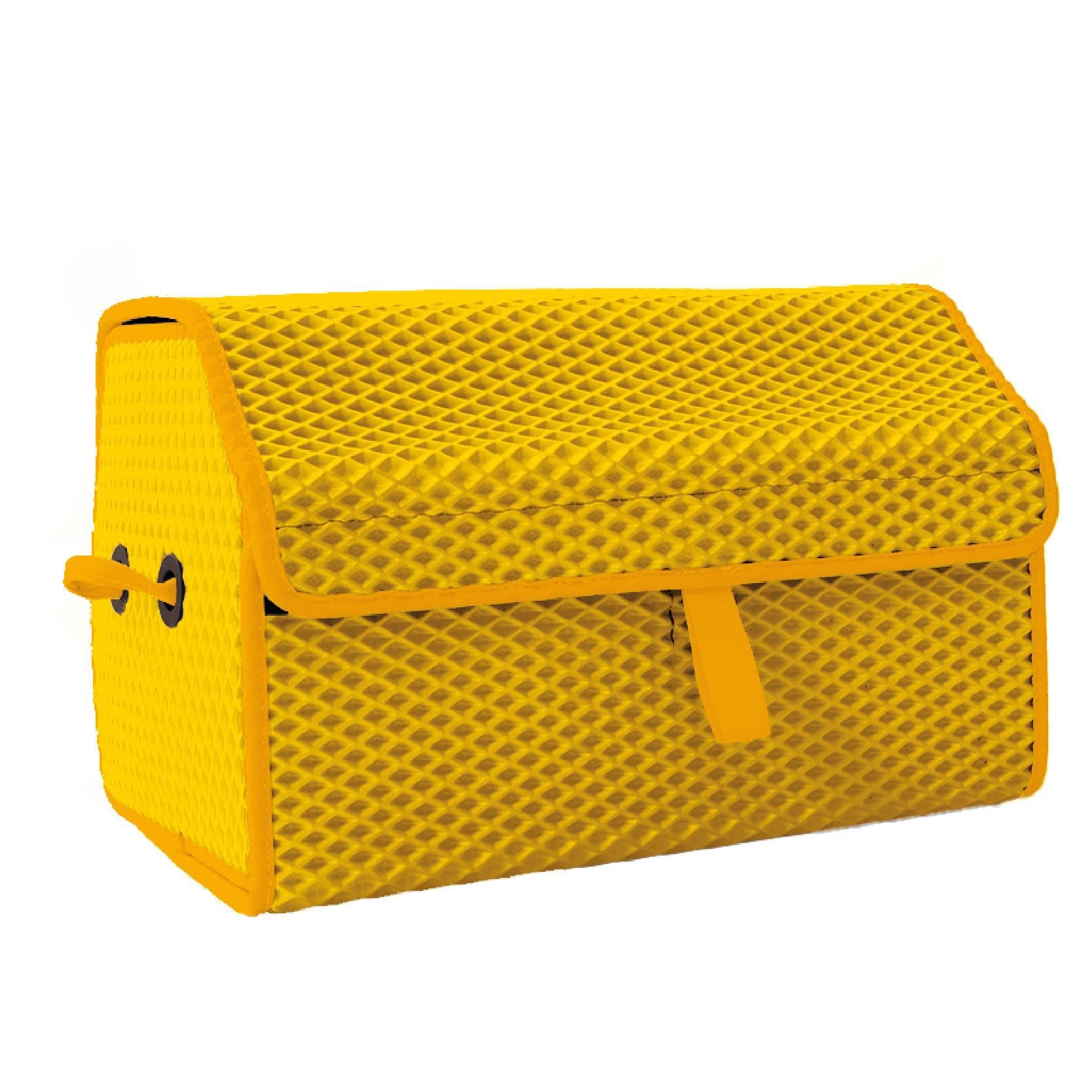 Gelbe, strukturierte Aufbewahrungsbox aus Netzmaterial für Autos.