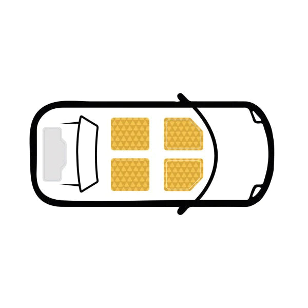 Grafik einer Auto-Innenansicht mit vier gelben EVA-Autofußmatten in Wabenstruktur.