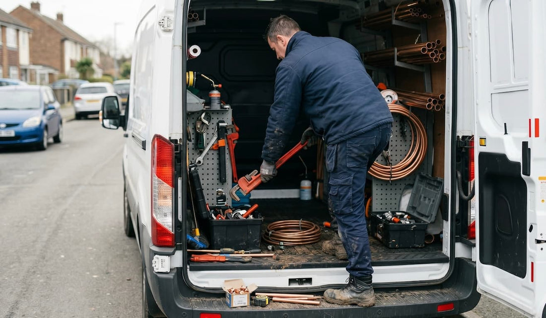Techniker organisiert Werkzeuge im Laderaum eines Servicefahrzeugs auf Straße.