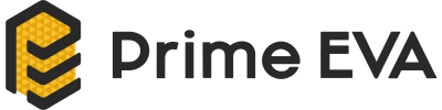 Prime EVA Logo mit einem gelben sechseckigen Emblem und schwarzem Text.