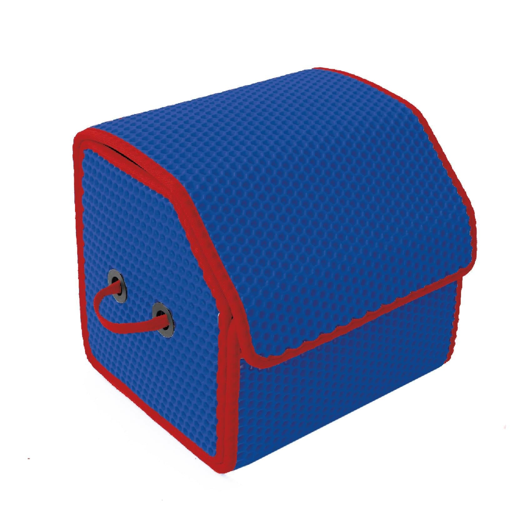 Blauer Aufbewahrungskorb mit roten Akzenten und Wabenstruktur.