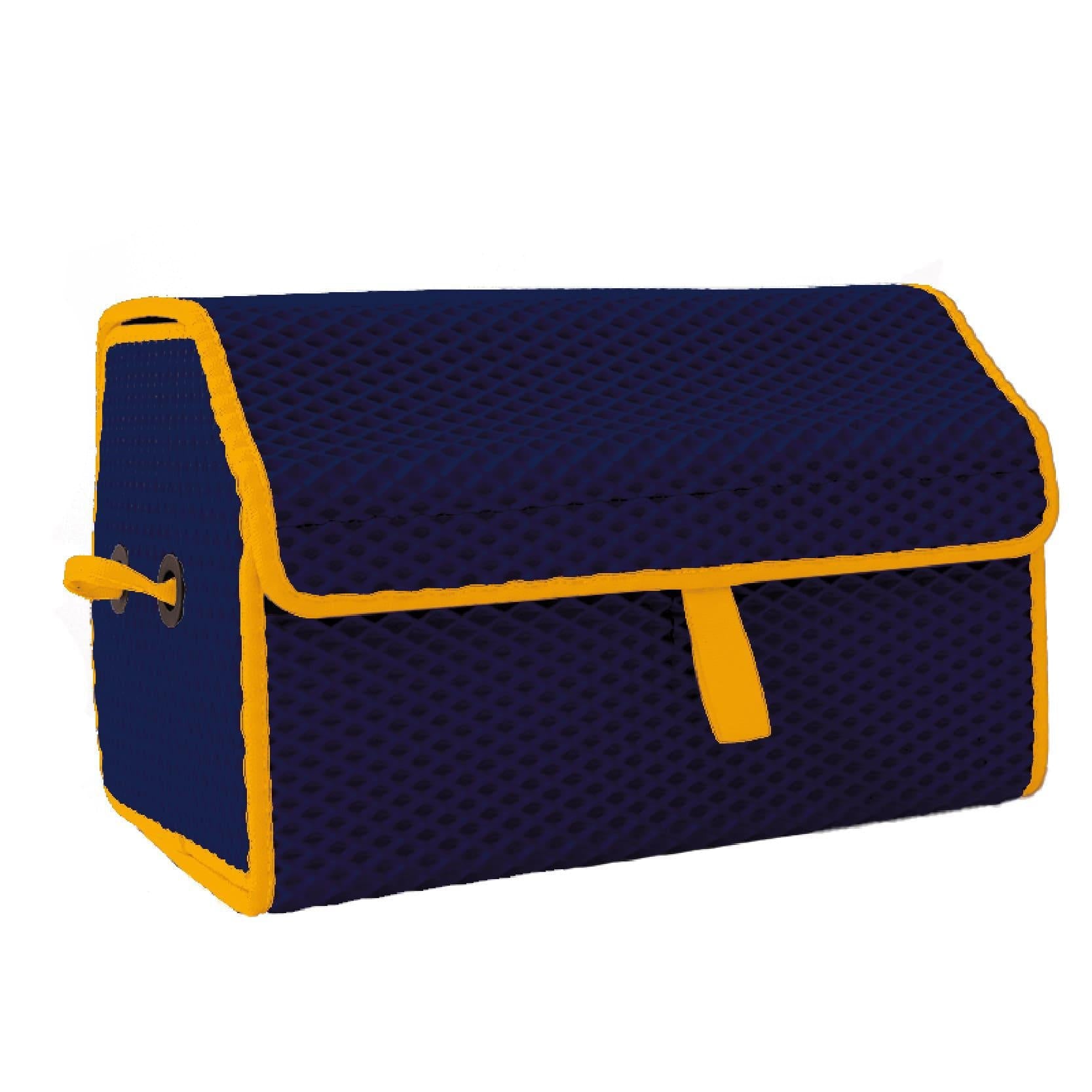 Dunkelblaue Box mit gelben Akzenten und herausklappbarem Deckel.