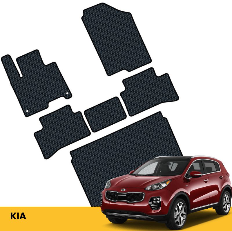 Schwarze, passgenaue Fußmatten für Kia Prime EVA, bieten sauberen Innenraum und längere Fahrzeuglebensdauer.