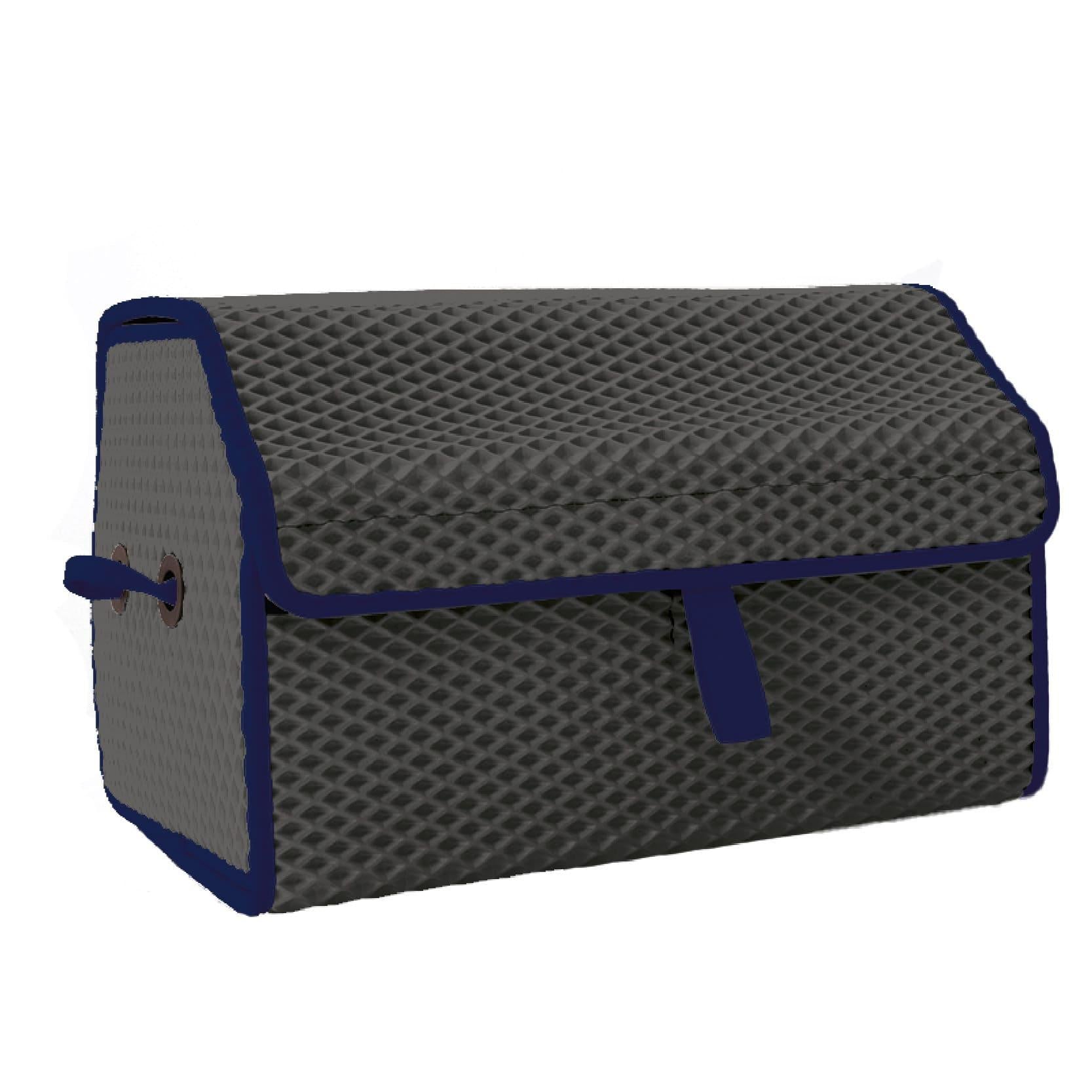 Grau und blauer Aufbewahrungskorb mit strukturiertem Design und Klappenverschluss.