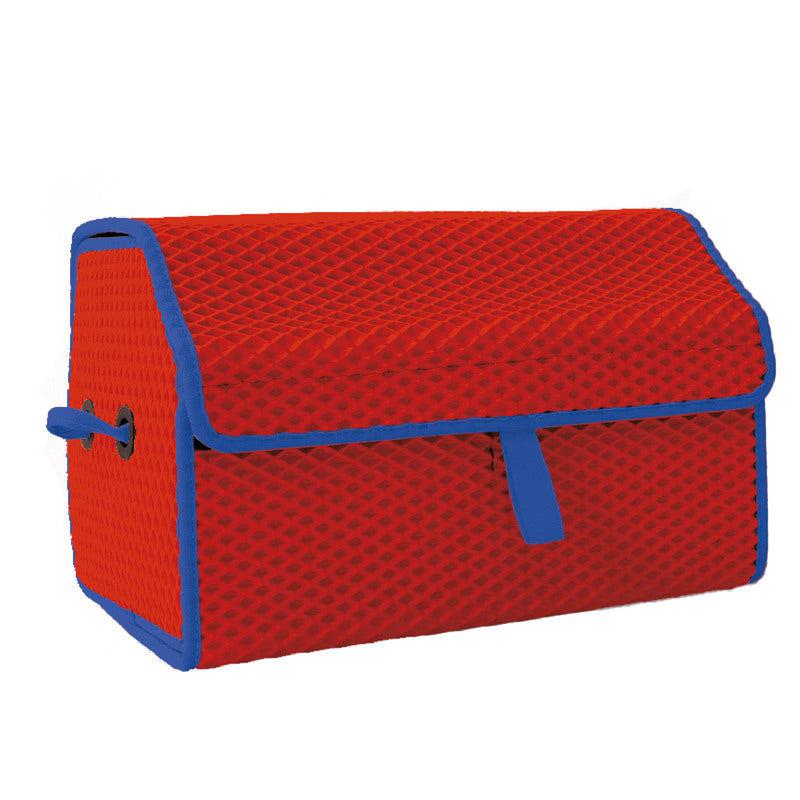 Rote Aufbewahrungsbox mit blauer Umrandung und strukturiertem Design.