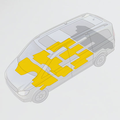 Illustration von Prime EVA Autoteppichen in gelb und grau im Innenraum eines Fahrzeugs.